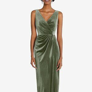 After Six 6861...Draped Skirt Faux Wrap Velvet Maxi Dress...Sage...Size XS